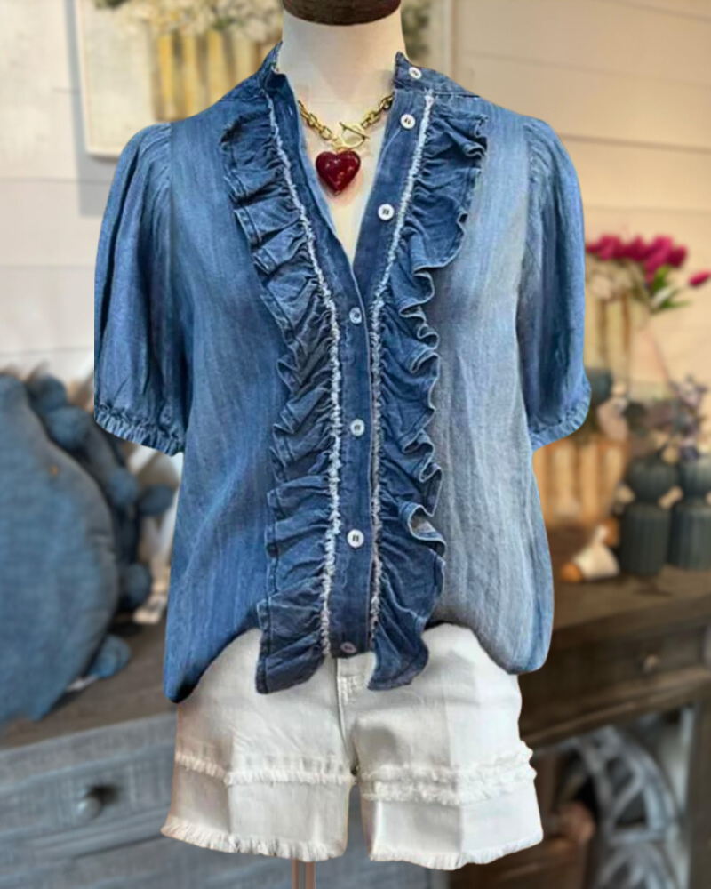 Puff Sleeve Ruffled Denim Top